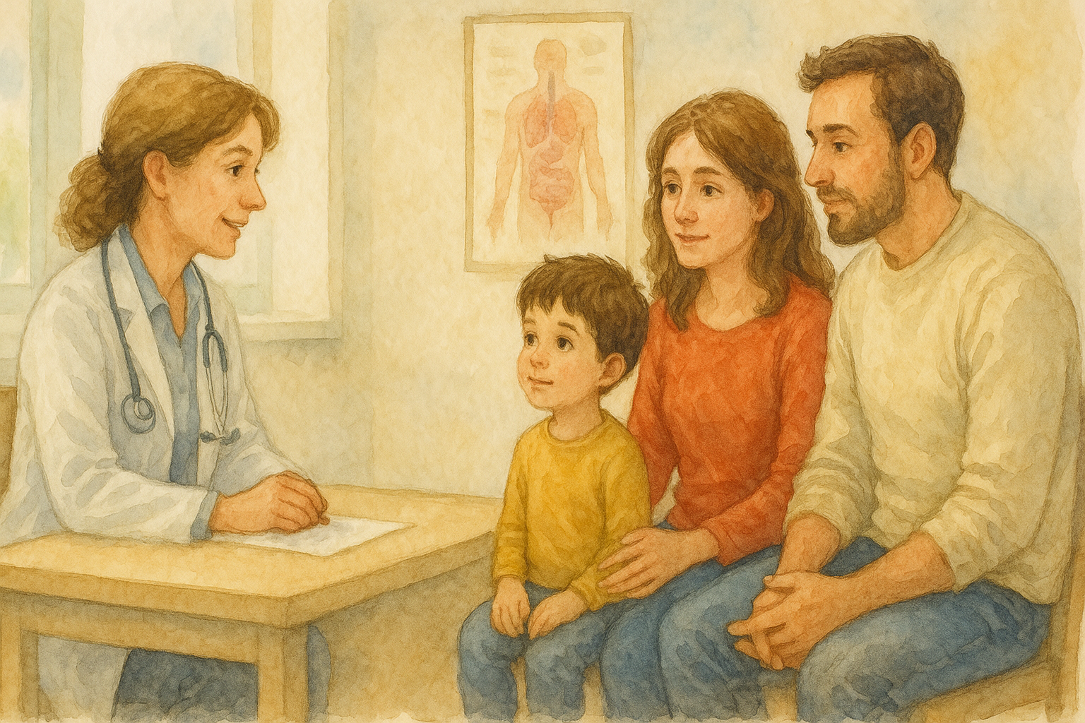 소아과 의사와 상담하는 부모와 아이