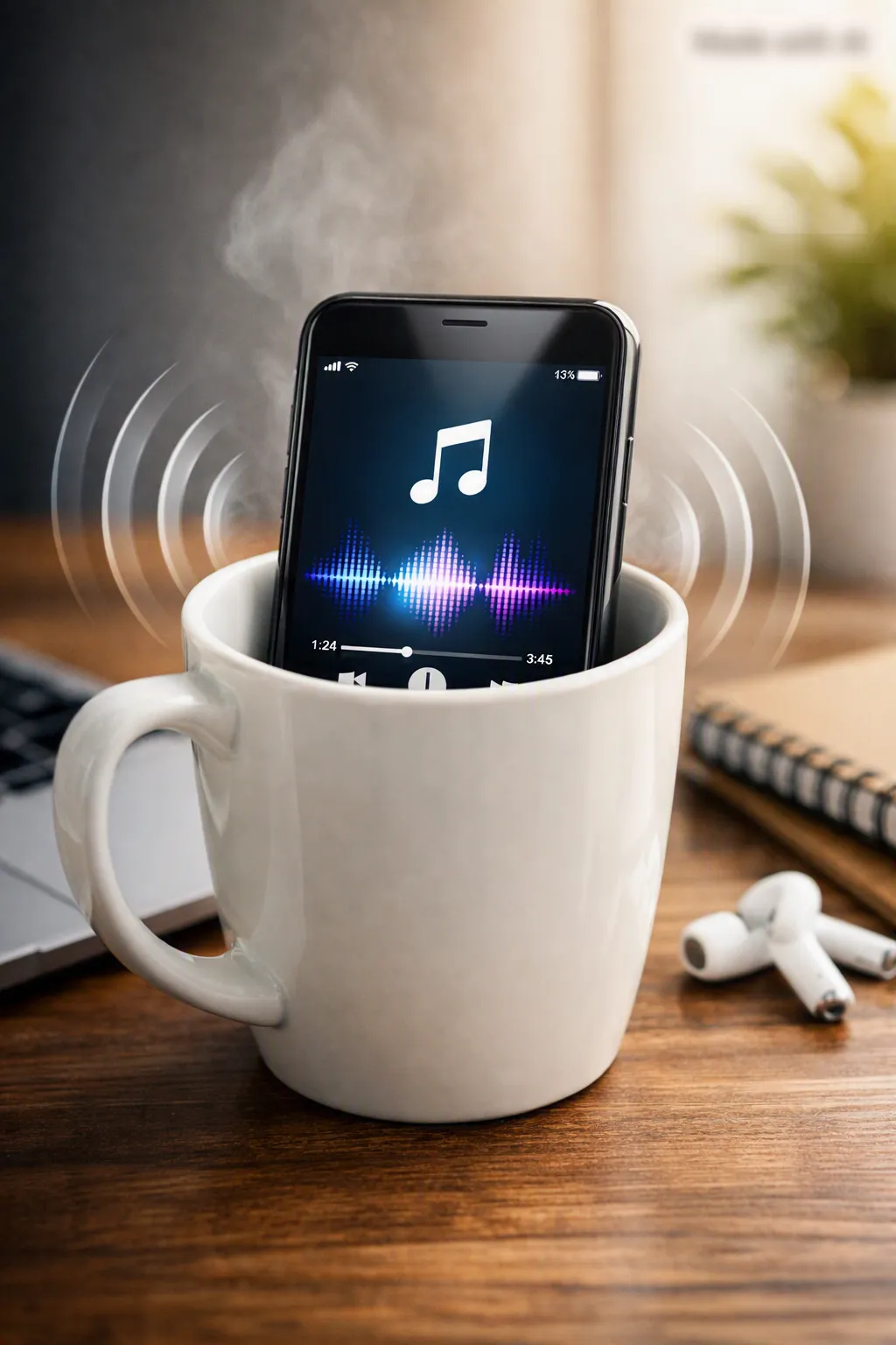 Smartphone placed inside a white ceramic mug amplifying sound naturally as a simple tech hack.
