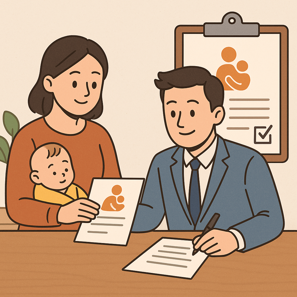 육아휴직 신청 절차 일러스트, 아기를 안은 어머니와 서류 작성하는 아버지