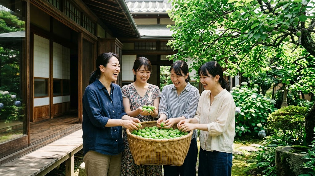 영화 바닷마을 다이어리에서 가마쿠라 고택 툇마루에 모여 함께 매실을 다듬으며 일상의 온기를 나누는 네 자매의 모습