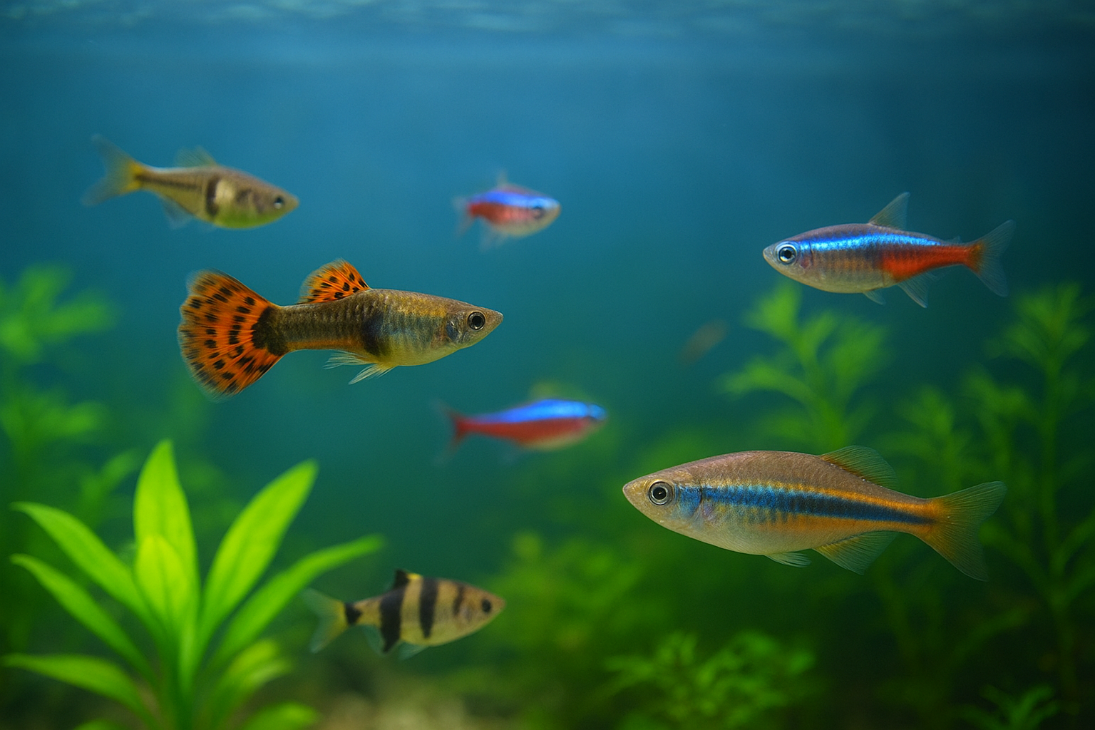 맑은 수족관에서 헤엄치는 구피와 테트라 같은 열대어 모습, 열대어 사료 선택을 위한 대표 이미지