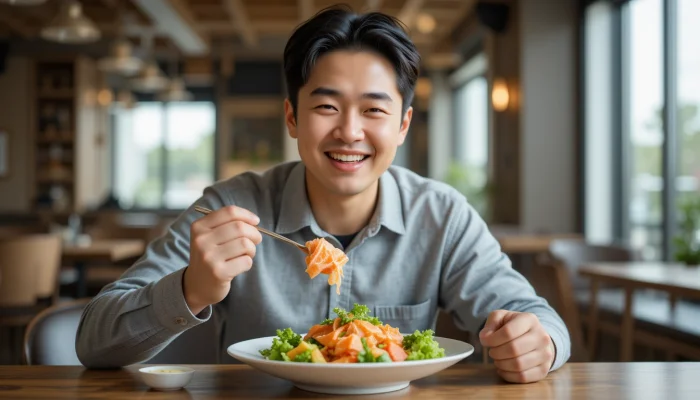 연어샐러드를 먹고 있는 남성