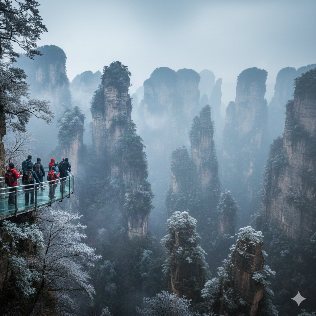 안개 낀 중국 장가계 산악 지형과 유리 잔도를 걷고 있는 4060 세대 여행자들의 뒷모습, 3월 초 환절기 등산 복장과 몽환적인 자연 경관
