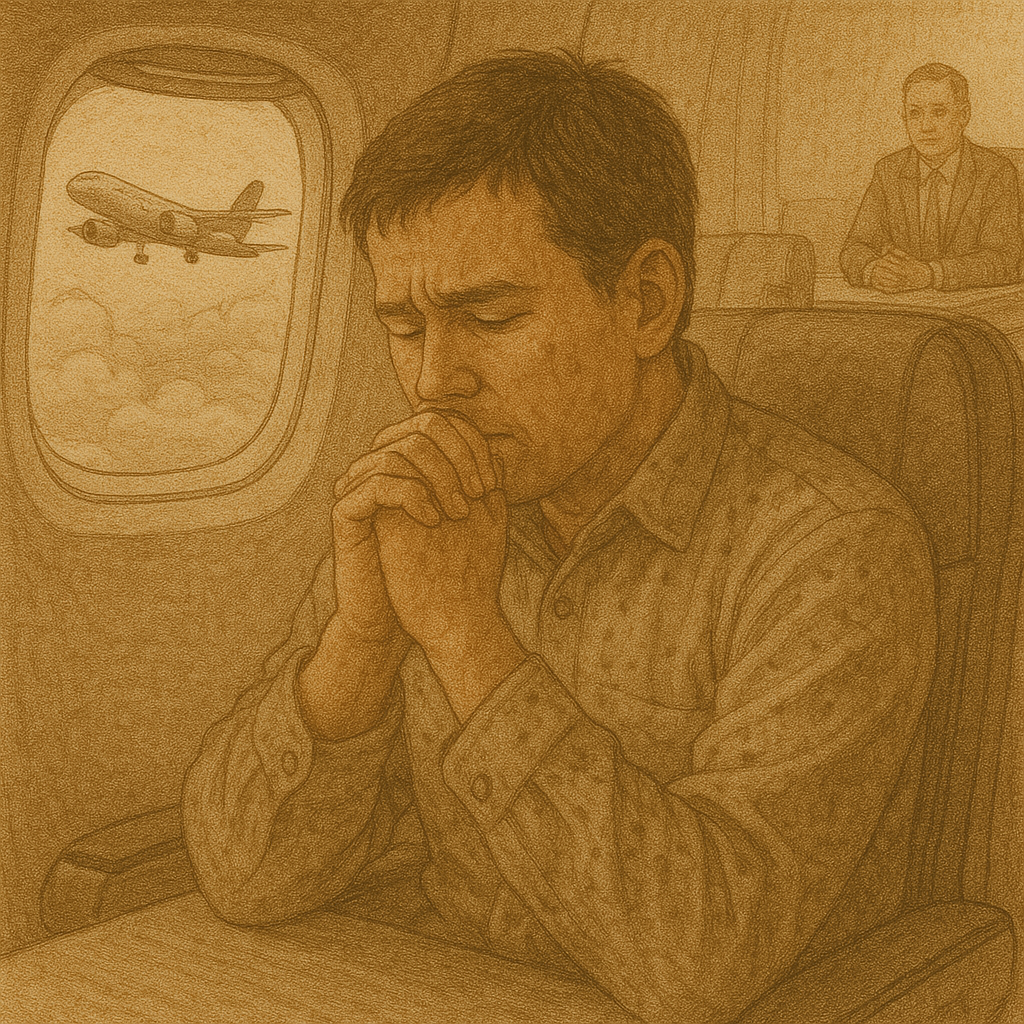 시130:8 말씀을 보며, 저의 죄를 돌아보되 너무도 심각하여 옷에 먼지가 묻듯이 너무도 많은 죄가 제 곁에 있음을 생각하게 되었으며, 그러한 죄를 해결할 수 있으신 분은 오직 예수님 한 분이심을 기억하며, 제가 죄를 돌이키며 자백하고 회개하는 시간을 지속적으로 가지기 위해 다양한 시도와 시간을 갖는 모습을 그려주세요. 특별히 독일 프랑크푸르트에서 영국 버밍햄으로 비행기로 이동하는 과정과 미팅하는 과정에서도 틈틈히 죄를 생각하며 회개하는 시간을 갖는 모습입니다.