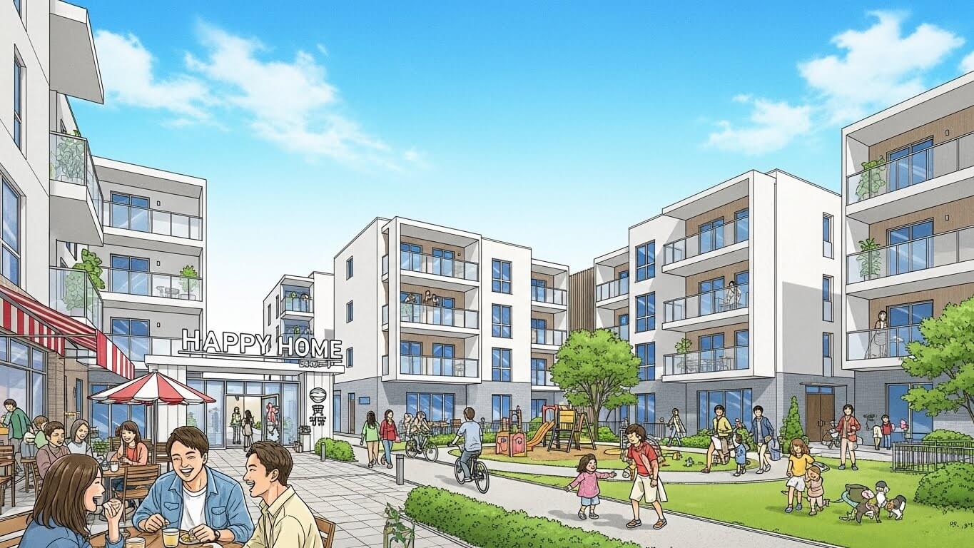 행복주택아파트에 여러사람들이 차를 마시고 자전거를 타고 산책을 하며 즐거워하고 있는 삽화