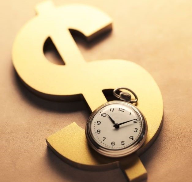 Golden dollar sign with vintage pocket watch symbolizing time is money concept and passive income generation via canva