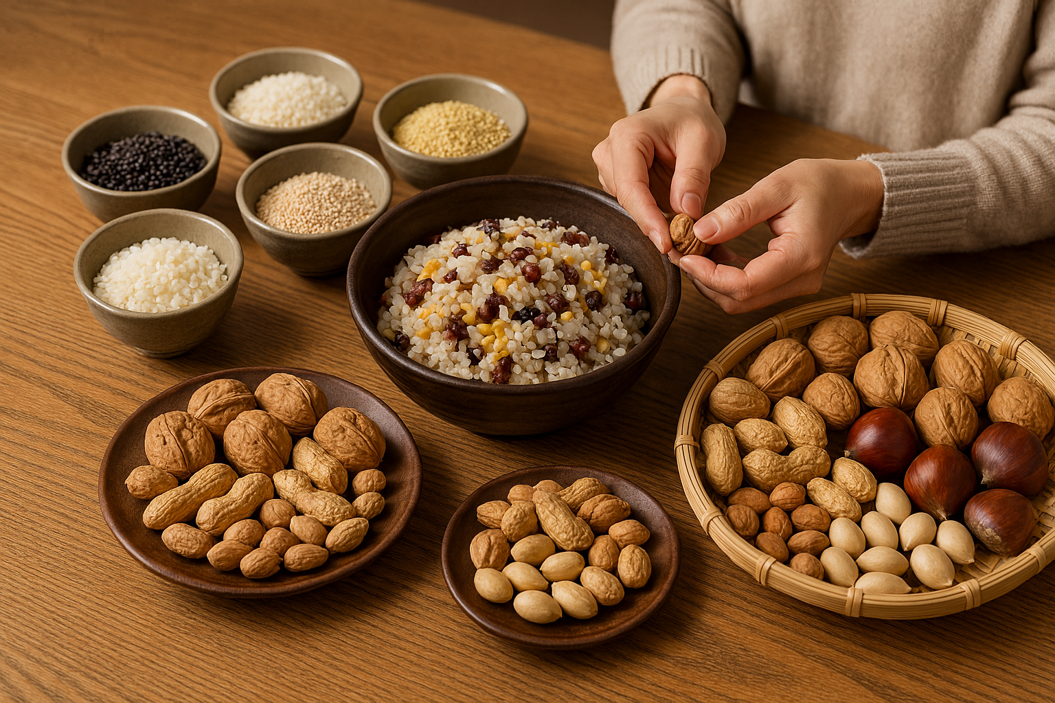 정월대보름 날 오곡밥과 부럼 깨기 모습