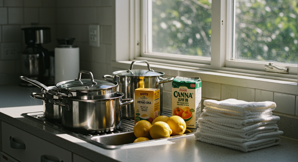 새 스테인리스 주방용품의 연마제를 안전하게 제거하기 위해 식용유, 베이킹소다, 식초 등의 재료를 준비하고 깨끗하게 관리하는 모습을 담은 이미지