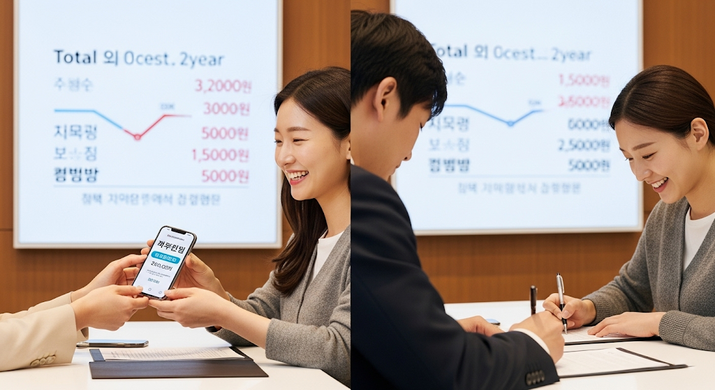 공시지원금과 선택약정 중 어떤 게 유리할지 비교하는 두 명의 한국인 고객