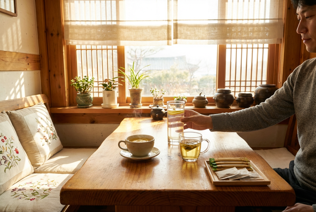아침 햇살이 들어오는 한옥 스타일 창가 앞 나무 식탁에 레몬이 띄워진 물과 따뜻한 차가 놓여 있고, 중년 한국 남성이 상큼한 레몬 물 잔을 집어 드는 모습으로 상큼 음료·차 아침 루틴을 보여주는 이미지.