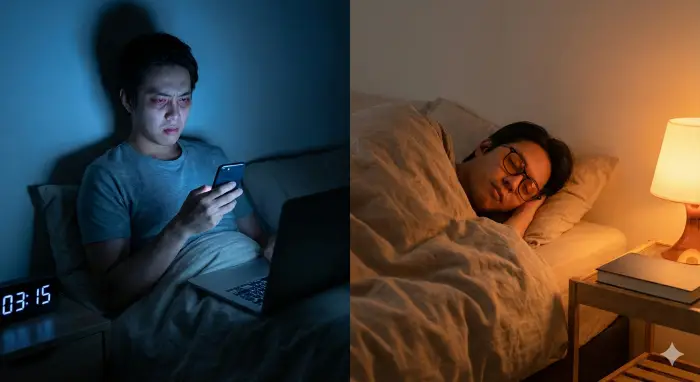 사진의 왼쪽 절반은 어두운 방에서 스마트폰과 노트북의 강렬한 파란색 빛을 받으며 눈이 충혈되고 잠 못 이루는 사람의 불안한 모습을 보여줍니다. 반면 오른쪽 절반은 따뜻한 주황색 조명 아래서 블루라이트 차단 안경을 쓰고 평온하게 깊이 잠든 사람의 편안한 모습을 대조적으로 담고 있습니다.