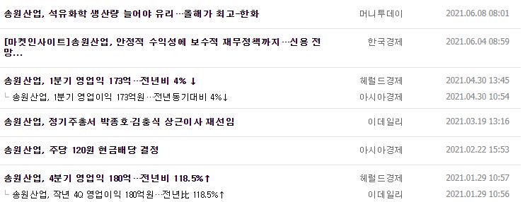 송원산업 뉴스, 공시