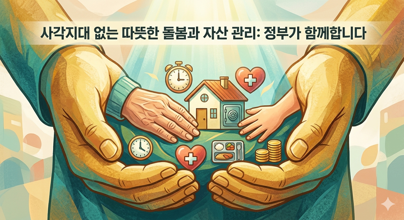 정부의 따듯한 돌봄과 노후 자산 관리를 상징하는 지원의 손길과 집, 건강, 돈 아이콘 일러스트
