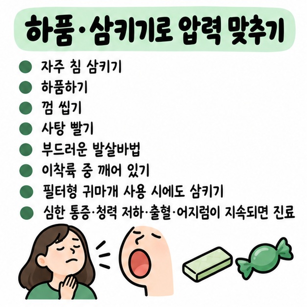 하품·침 삼키기·껌 씹기·부드러운 발살바법으로 압력을 맞추고 심한 통증·청력저하·출혈·어지럼은 진료가 필요하다는 카드