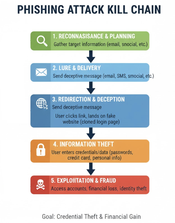 피싱 공격의 원리와 전개 방식'의 5단계(사전 조사, 미끼 메시지, 가짜 웹사이트 유도, 정보 입력, 악용)를 순서도(Flowchart) 형태로 정리한 다이어그램