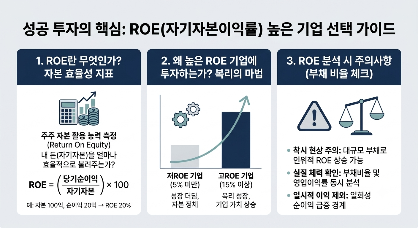 ROE 자기자본이익률 계산식과 고ROE 기업 선택 가이드 인포그래픽