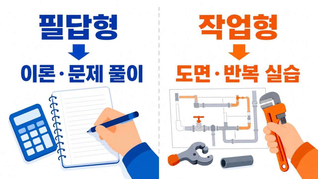 공조냉동기계기능사 필답형 이론 공부와 작업형 반복 실습 순서를 비교한 이미지