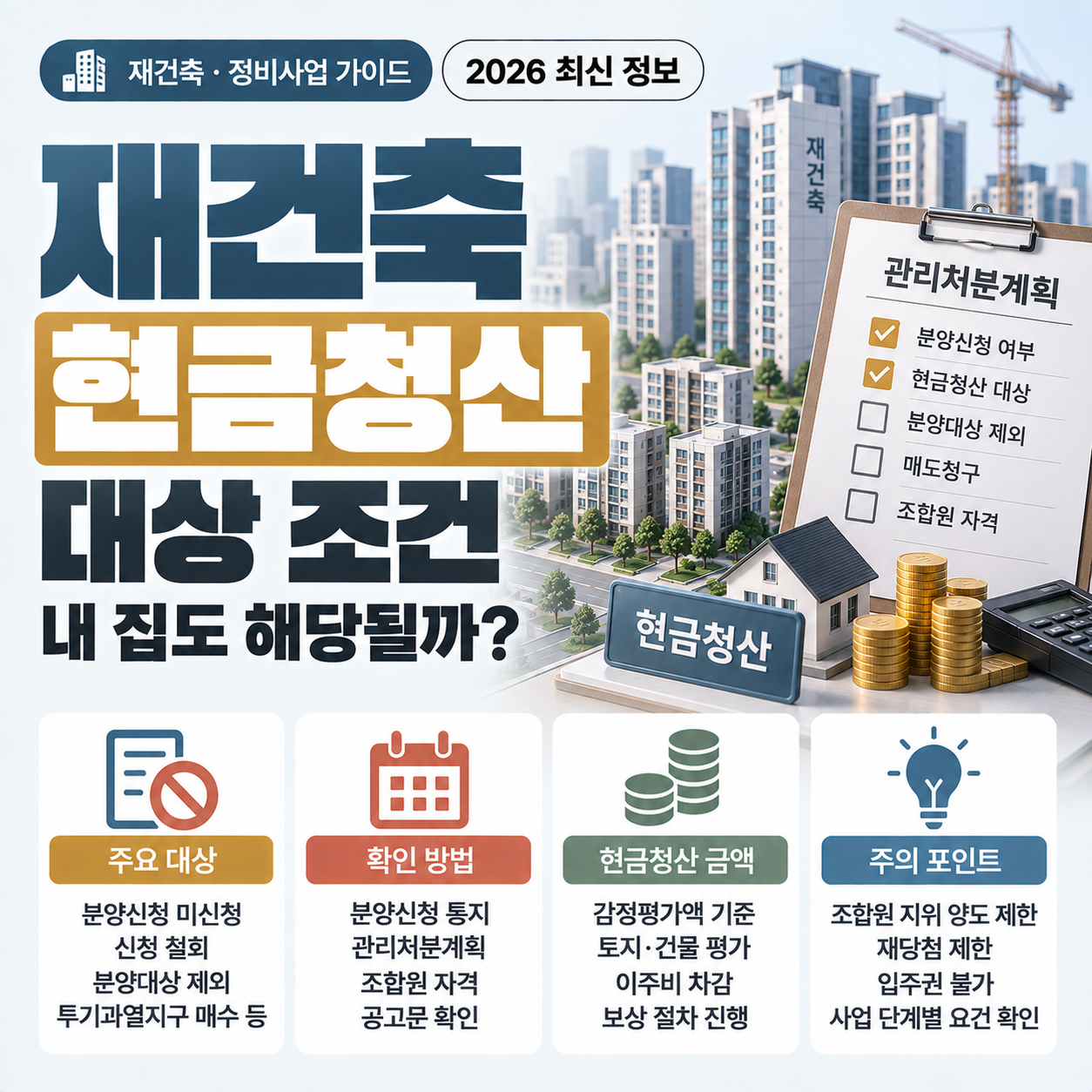 재건축 현금청산 대상이 되는 경우와 분양신청·관리처분계획 확인 순서를 설명하는 이미지