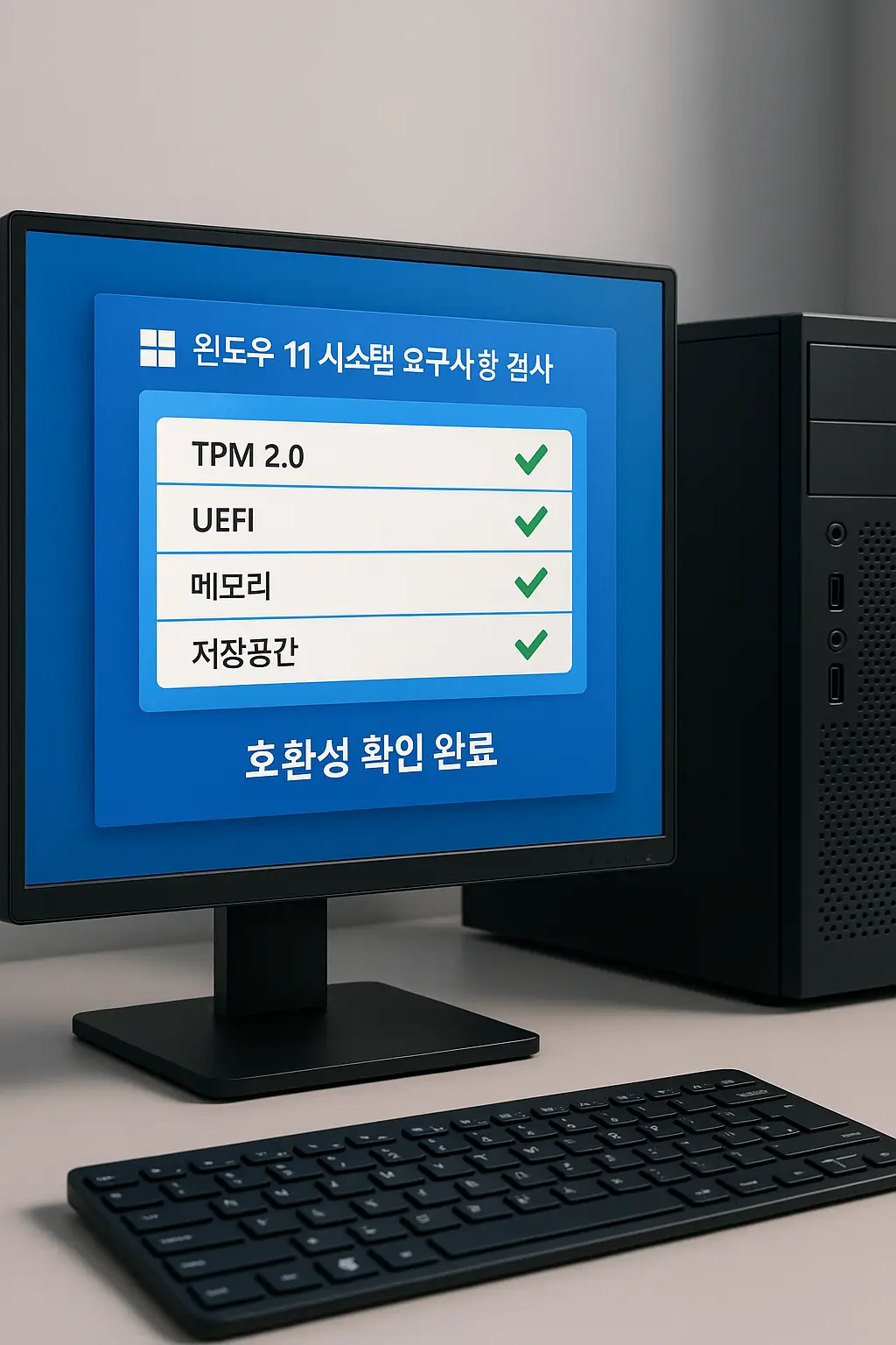 윈도우 11 시스템 요구사항 검사 화면 - TPM 2.0, UEFI, 메모리, 저장공간 호환성 확인 완료