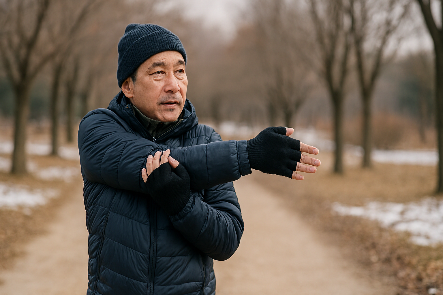 겨울 옷을 입고 가벼운 준비운동을 하는 중장년 남성의 모습