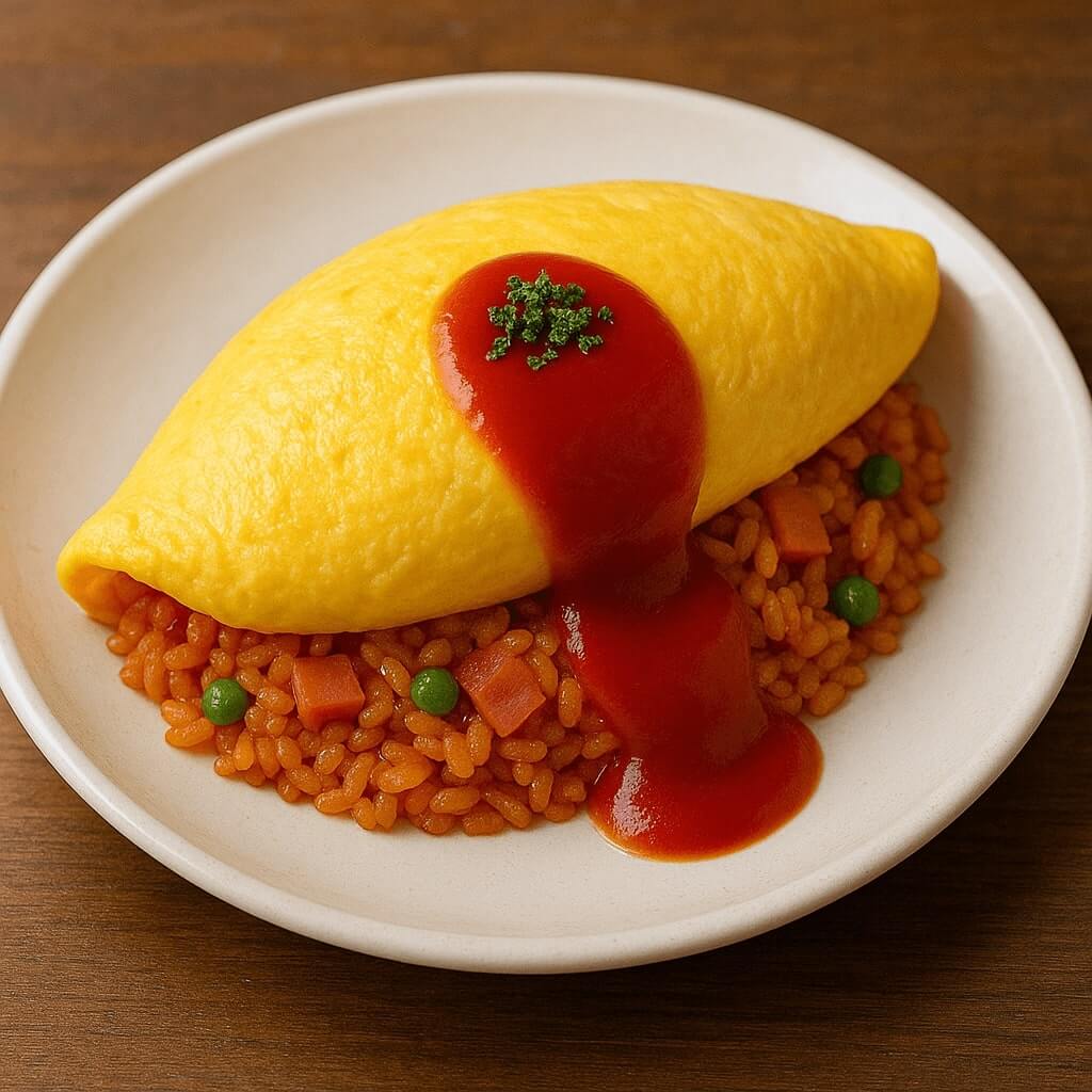 잘 부쳐진 달걀을 잘 볶아진 케첩 볶음밥에 올린 맛있는 오므라이스