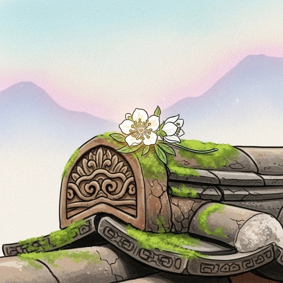 오래된 사찰 기와 위에 피어난 신비로운 작은 꽃