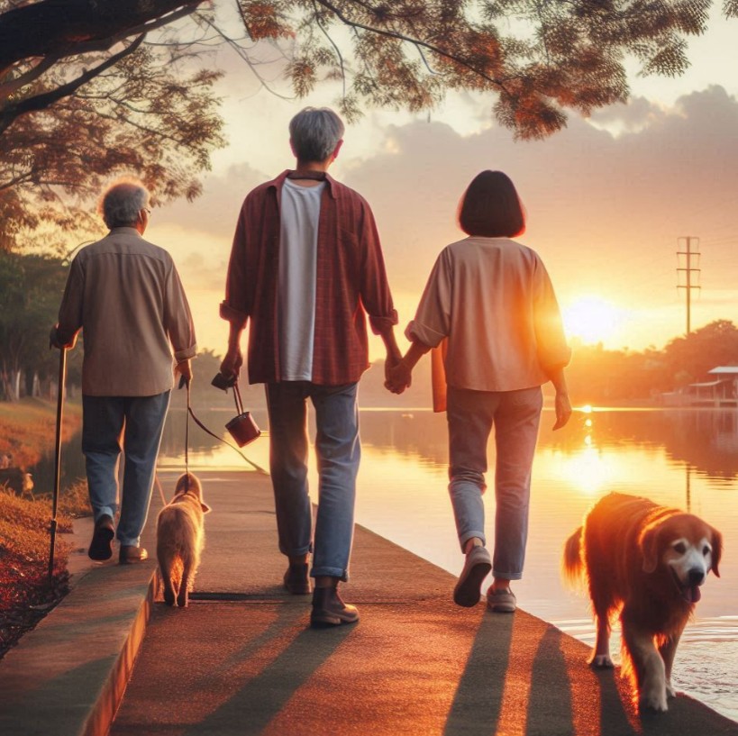 퇴직후 가족과 산책하는 행복한 상황