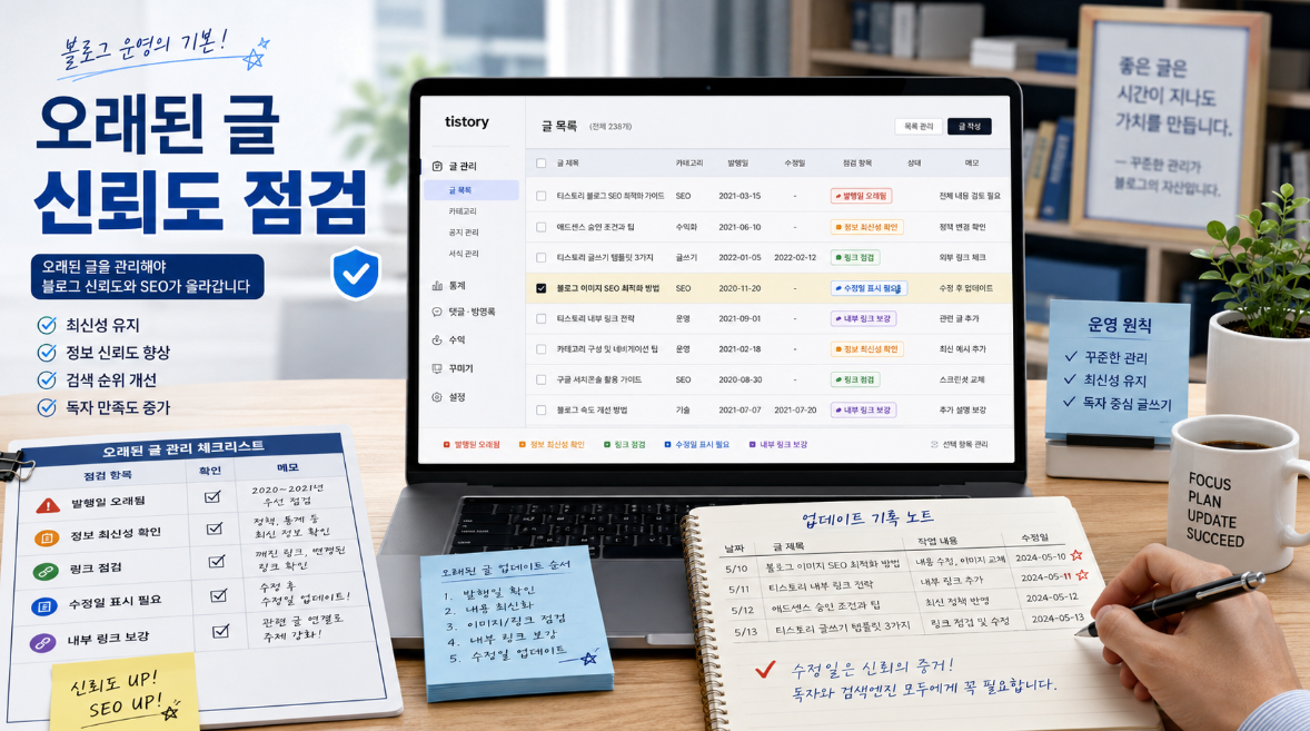 티스토리 블로거가 오래된 글의 발행일 수정일 링크 상태를 점검하고 업데이트 날짜 표시 여부를 확인하는 이미지