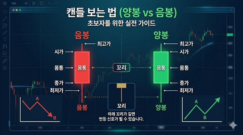 캔들 차트의 기본 구조인 양봉과 음봉을 비교 설명하는 다이어그램. 시가, 종가, 최고가, 최저가, 몸통, 꼬리의 명칭과 의미를 표시하고 있으며, 아래 꼬리가 길면 반등 신호가 될 수 있다는 분석 내용을 포함함.