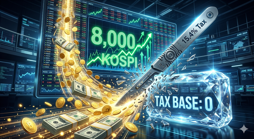 사상 최초 코스피 8,000선 돌파를 알리는 초록색 상승 전광판 앞으로 영롱한 월배당 분배금 현금 뭉치가 쏟아지지만 배당소득세 15.4%라는 거대한 메스가 과표 0원이라는 철벽 방패에 가로막혀 완전히 무력화되는 강렬한 3D 금융 절세 일러스트