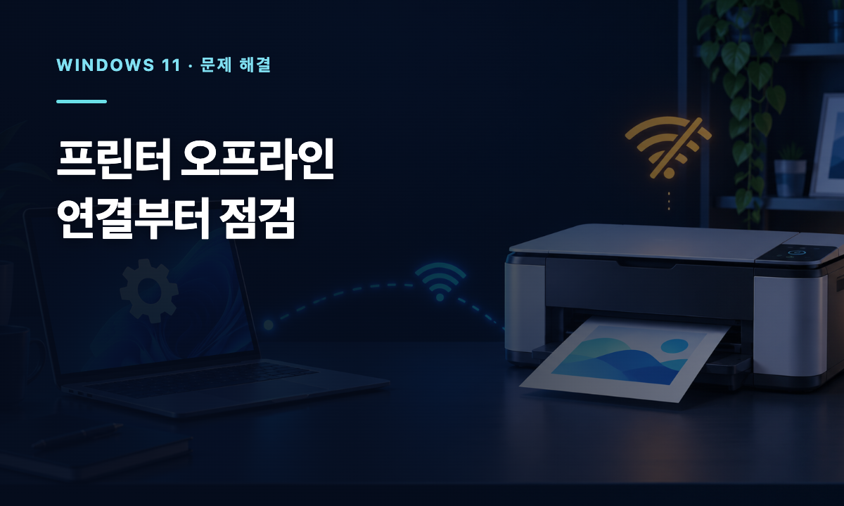 Windows 11 노트북과 오프라인 표시 프린터를 연결 상태와 대기열 체크리스트로 점검하는 일러스트