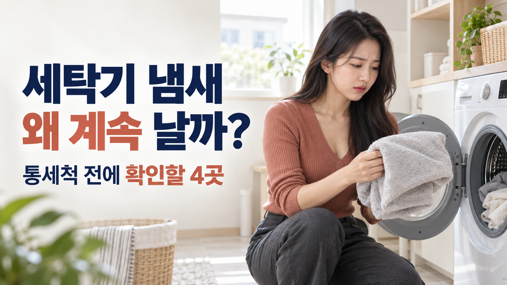 수건 냄새를 확인하는 성인 여성과 열린 드럼세탁기, 통세척 전 확인할 네 곳 안내