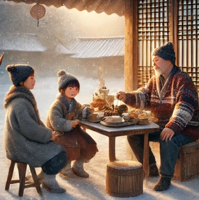 야외에서 식사를 하는 두명의 아이와 한명의 어른 모습