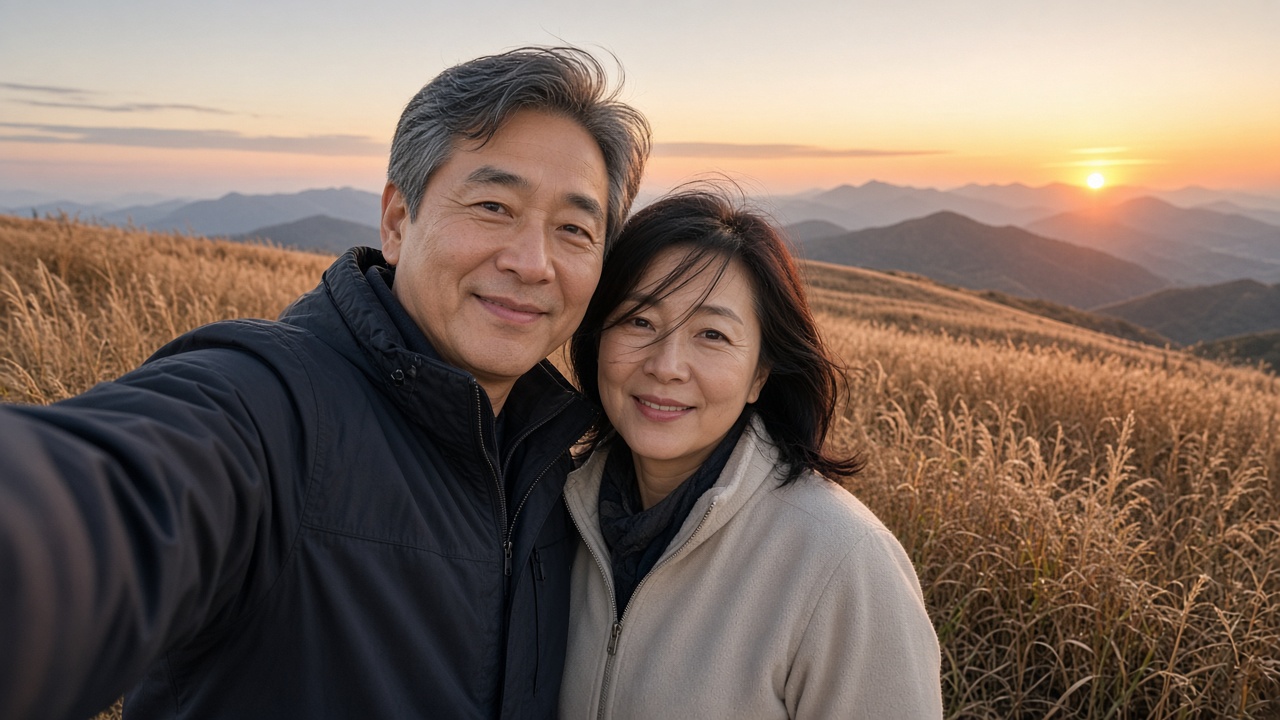 해 질 무렵 억새밭 앞에서 사진을 찍는 50대 한국인 부부