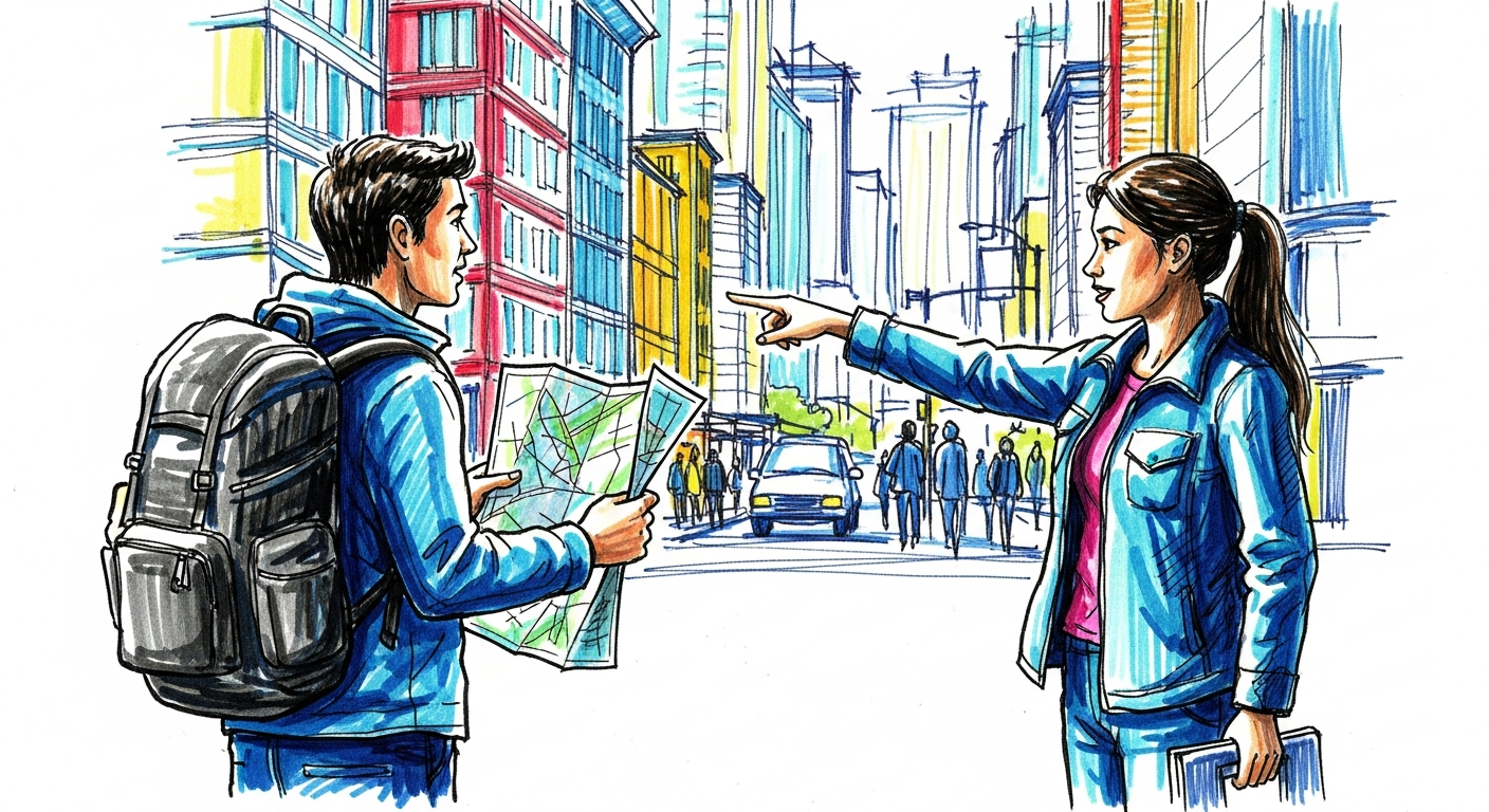 길거리에서 길을 가르쳐주는 친절한 상황