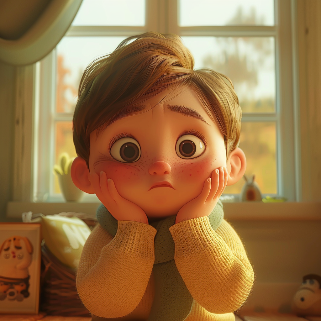 부은 두 볼을 감싸안은 귀여운 어린이, 픽사스타일 일러스트