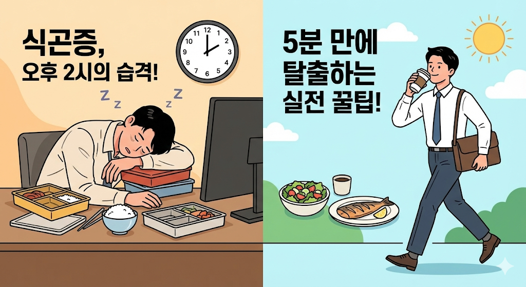 직장인의 식곤증 전후 상황을 대조적으로 보여주는 블로그 썸네일 이미지. 화면 왼쪽에는 오후 2시를 가리키는 시계 아래에서 남성 직장인이 점심 도시락을 먹고 책상에 엎드려 자고 있으며 '식곤증, 오후 2시의 습격!'이라는 문구가 적혀 있다. 오른쪽에는 샐러드와 생선구이 같은 가벼운 식단 이미지와 함께, 동일한 남성이 커피를 들고 햇살 아래에서 활기차게 걷는 모습이 그려져 있으며 '5분 만에 탈출하는 실전 꿀팁!'이라는 문구가 적혀 있다.