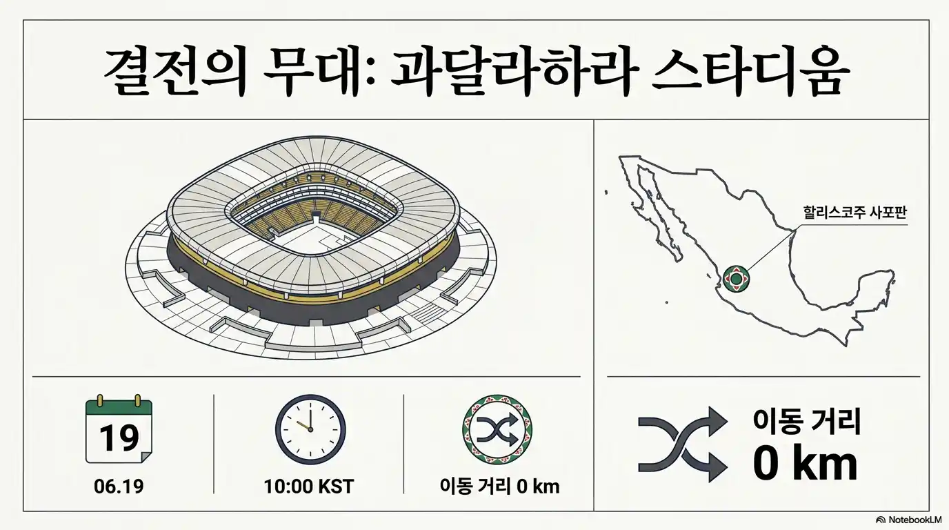 할리스코주 사포판에 위치한 과달라하라 스타디움 일러스트와 6월 19일 오전 10시 경기 일정, 이동 거리 0km 정보