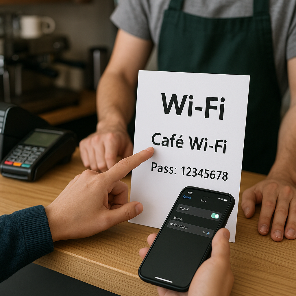 카페 계산대에서 안내 팻말의 SSID와 비밀번호를 확인하는 손