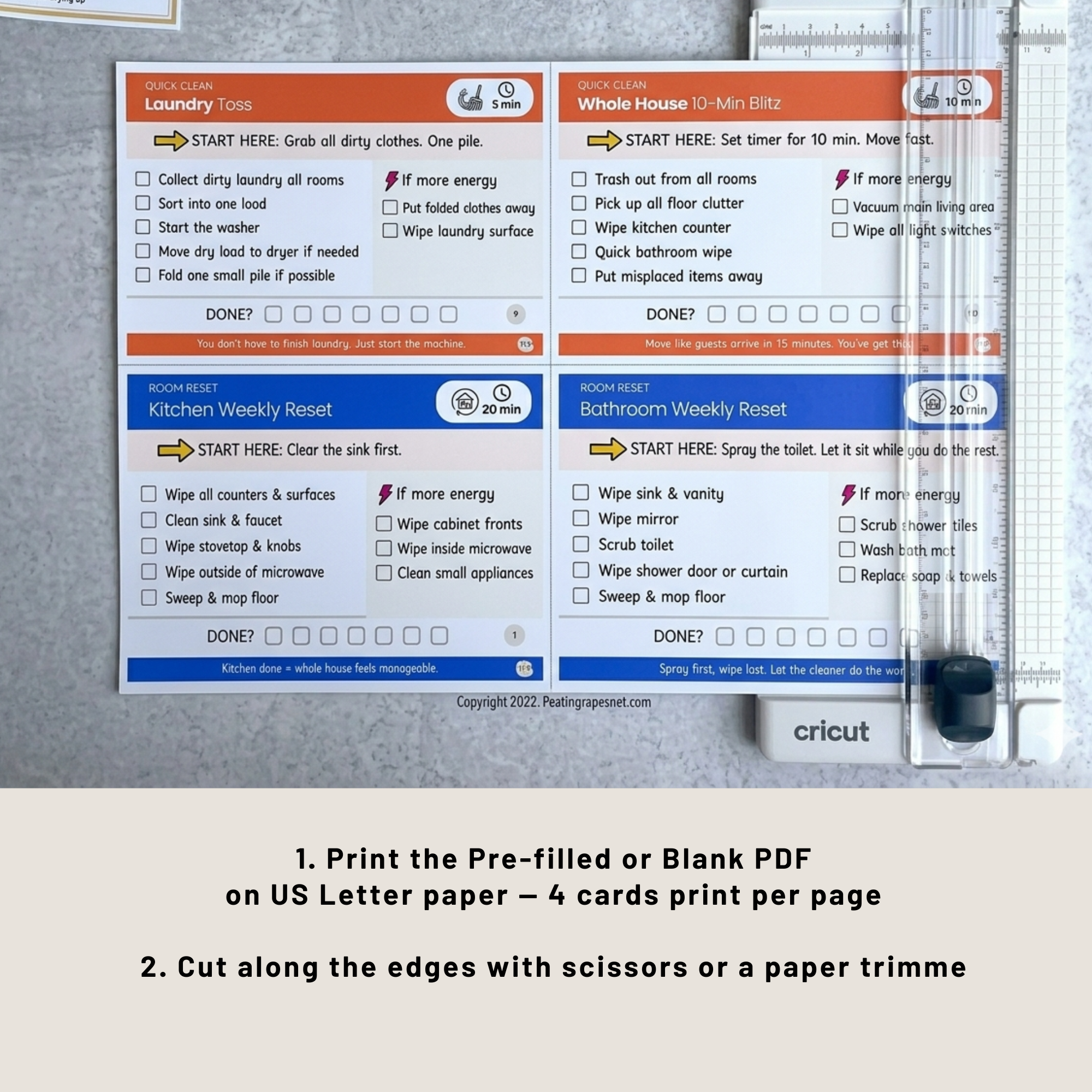 ADHD cleaning cards print at home US Letter 4 cards per page tutorial