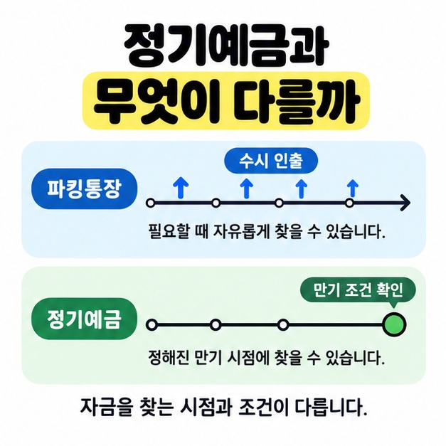 파킹통장의 수시 인출 시간선과 정기예금의 만기 지점을 비교해 자금을 찾는 시점과 조건의 차이를 보여준 도식.