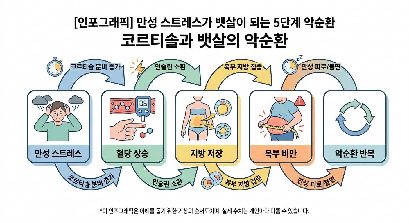 만성 스트레스 코르티솔 혈당 상승 인슐린 지방 저장 복부 비만 악순환 인포그래픽