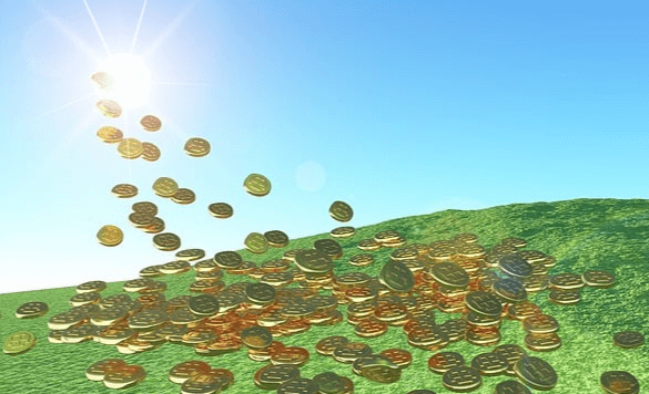 푸른 언덕에 금화들이 가득하다. 빛나는 태양에서 금화들이 언덕 위로 솓아지고 있다.
