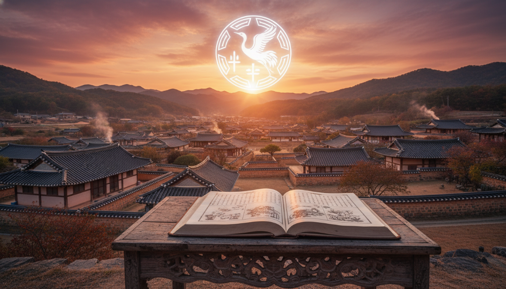 칠원 윤씨의 역사적 배경과 족보를 상징하는 아름다운 한옥 마을과 전통 서적 이미지