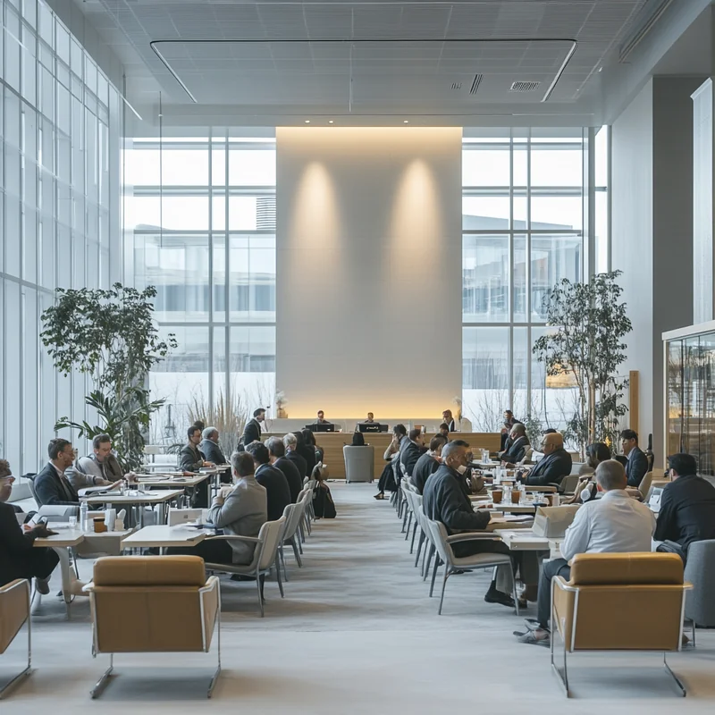 현대적인 세미나실에서 다양한 투자자들이 모여 월배당 ETF의 전략과 이점에 대해 전문가적으로 토론하는 협력적인 분위기.