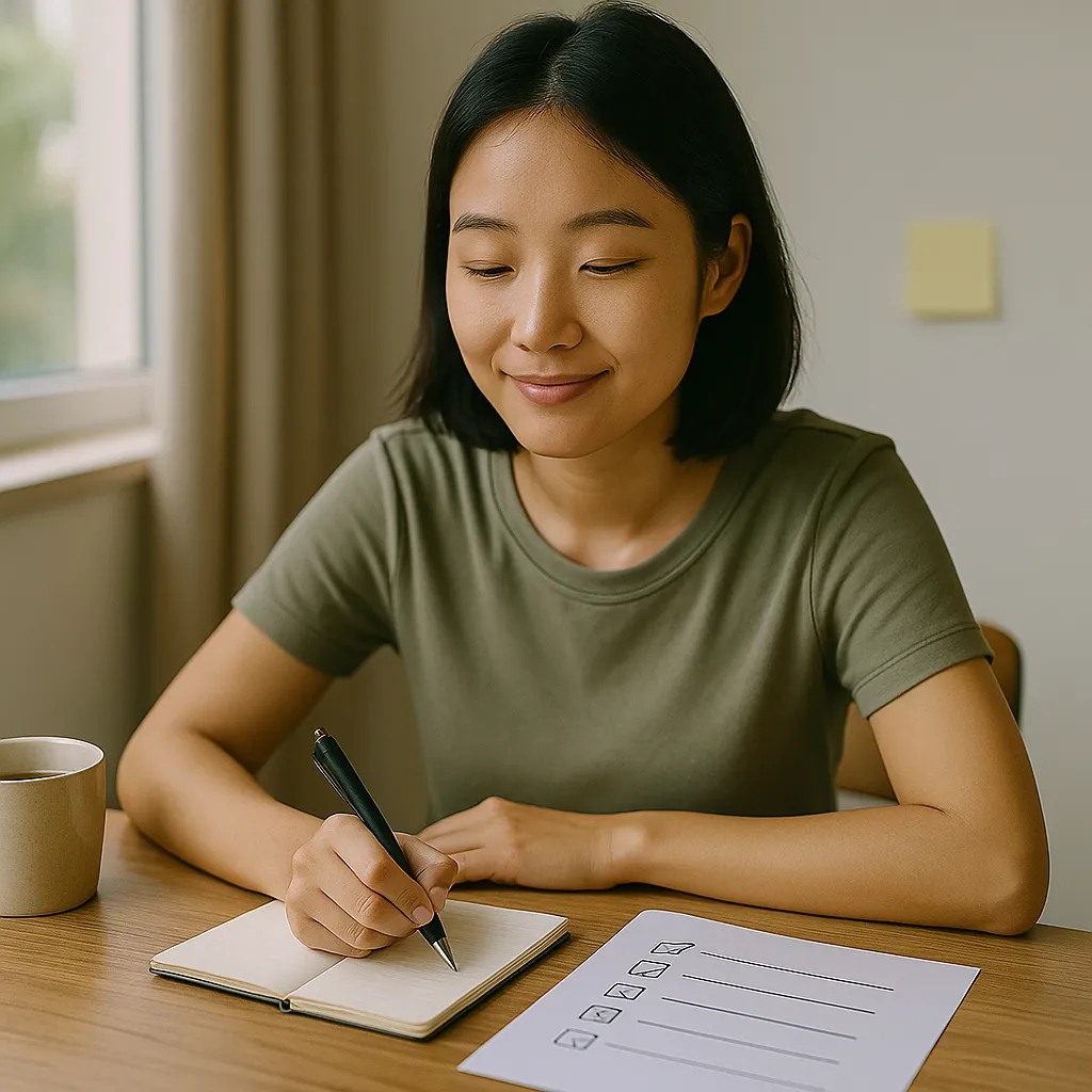 무직자 지원 루틴 체크 완료한 여성의 모습