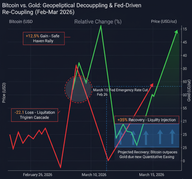 미국 이란 전쟁 시 비트코인과 금의 가격 디커플링 분석 차트 및 연준 금리 정책에 따른 반등 시나리오