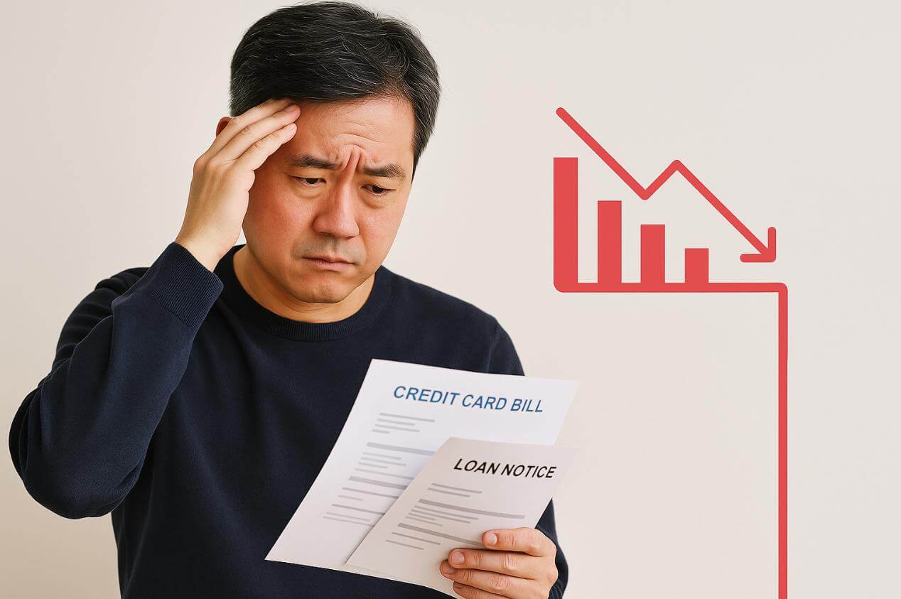 걱정스러운 가장이 고지서와 대출 독촉장을 보는 모습
