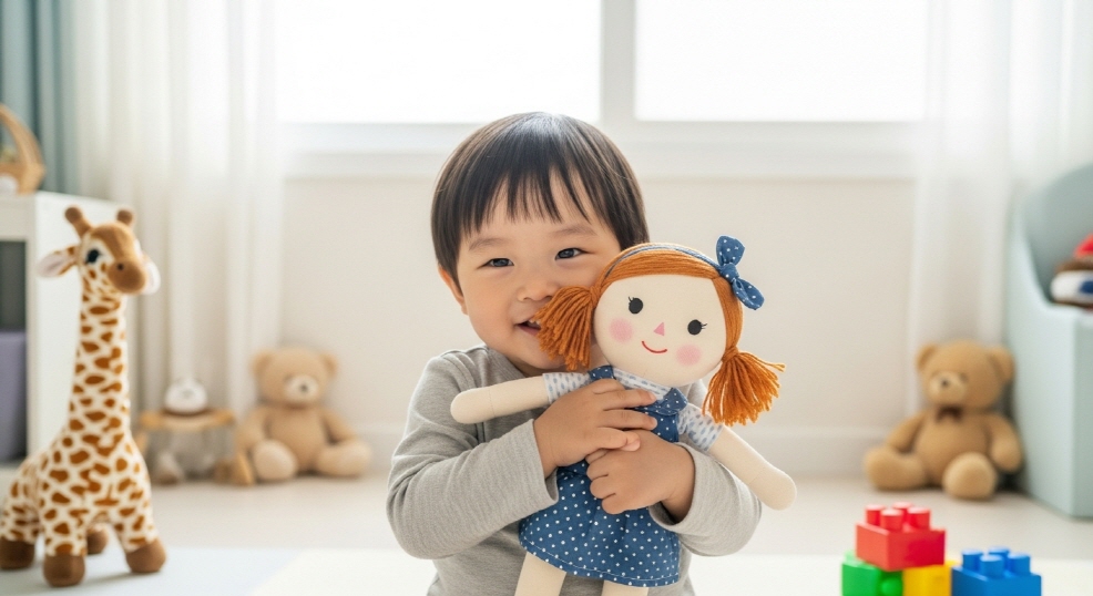 놀이방에서 인형을 안고 있는 유아
