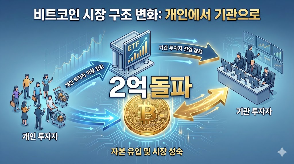 비트코인 시장이 개인 중심에서 기관 중심으로 변화하는 구조를 보여주는 인포그래픽